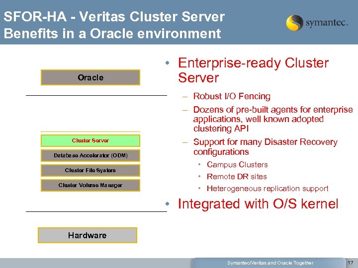 SFOR-HA - Veritas Cluster Server Benefits in a Oracle environment Oracle RAC Extensions Cluster