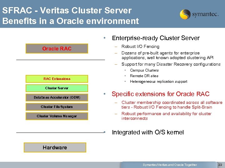 SFRAC - Veritas Cluster Server Benefits in a Oracle environment • Enterprise-ready Cluster Server