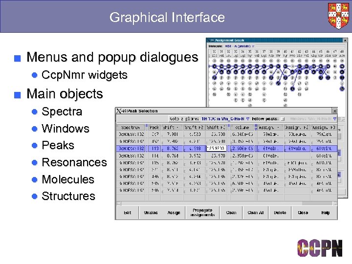 Graphical Interface ■ Menus and popup dialogues ● Ccp. Nmr widgets ■ Main objects