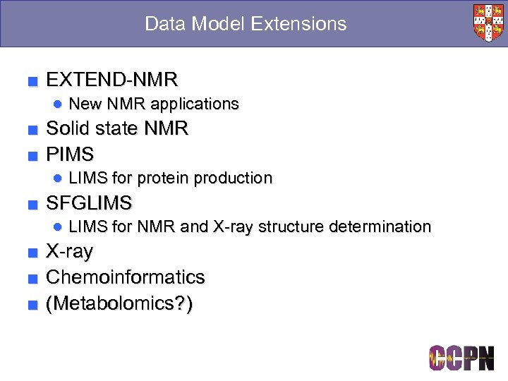 Data Model Extensions ■ EXTEND-NMR ● New NMR applications ■ ■ Solid state NMR