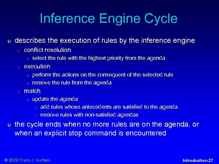 Inference Engine Cycle u describes the execution of rules by the inference engine u