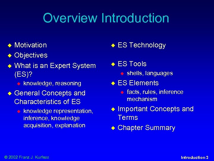 Overview Introduction u u u Motivation Objectives What is an Expert System (ES)? u