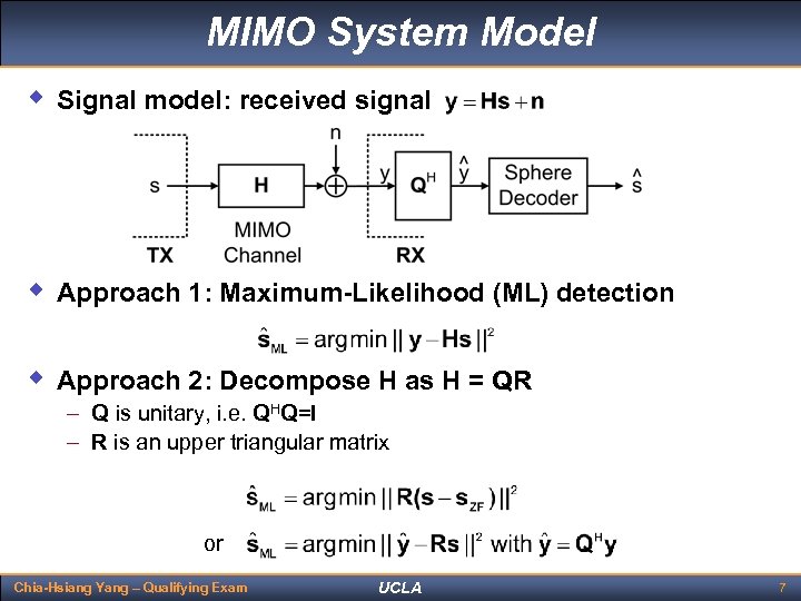 MIMO System Model w Signal model: received signal w Approach 1: Maximum-Likelihood (ML) detection