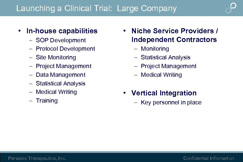 Launching a Clinical Trial: Large Company • In-house capabilities – – – – SOP