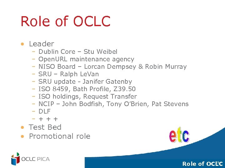Role of OCLC • Leader – – – – – Dublin Core – Stu