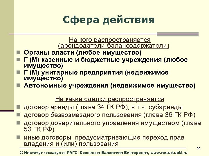 Сфера действия n n n n На кого распространяется (арендодатели-балансодержатели) Органы власти (любое имущество)