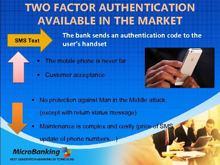 TWO FACTOR AUTHENTICATION AVAILABLE IN THE MARKET SMS Text The bank sends an authentication