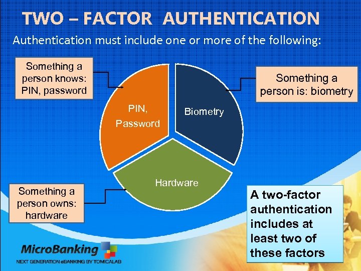 TWO – FACTOR AUTHENTICATION Authentication must include one or more of the following: Something