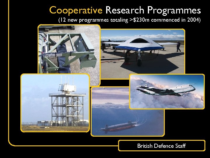 Cooperative Research Programmes (12 new programmes totaling >$230 m commenced in 2004) British Defence