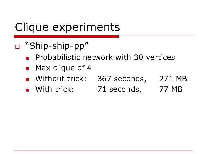 Clique experiments o “Ship-ship-pp” n n Probabilistic network with 30 vertices Max clique of