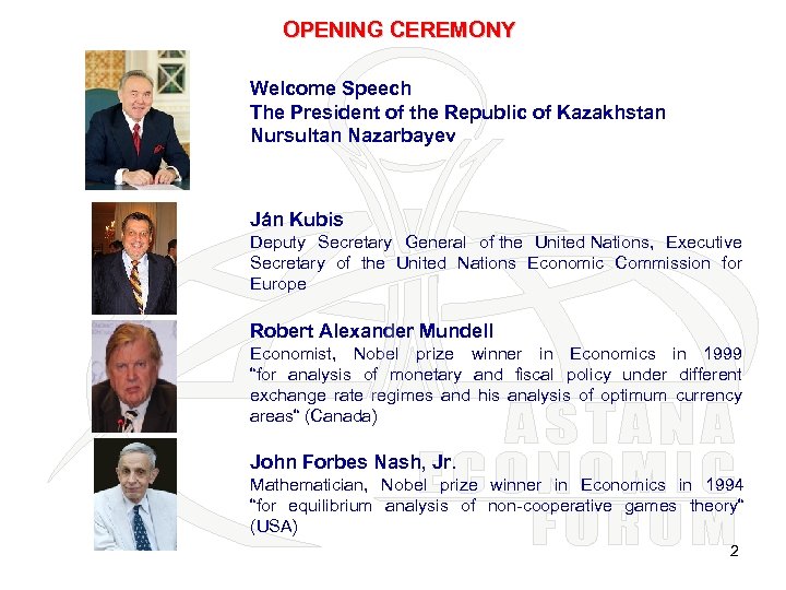 OPENING CEREMONY Welcome Speech The President of the Republic of Kazakhstan Nursultan Nazarbayev Ján