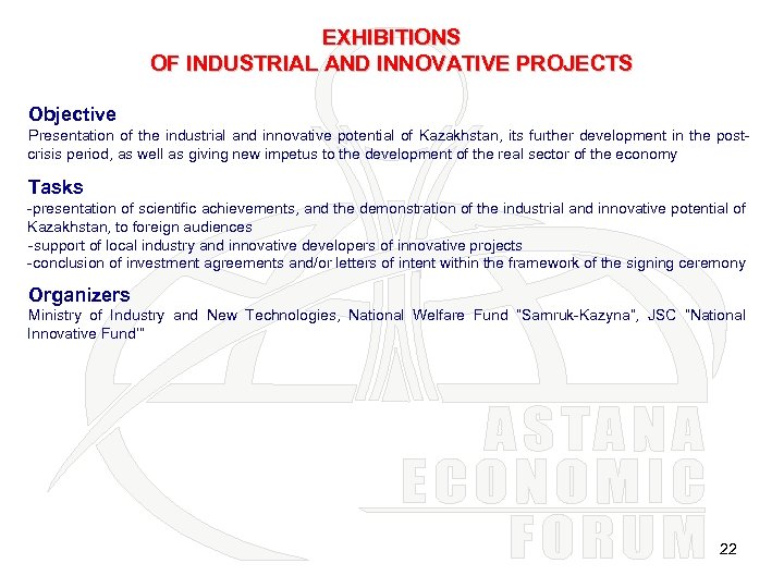EXHIBITIONS OF INDUSTRIAL AND INNOVATIVE PROJECTS Objective Presentation of the industrial and innovative potential