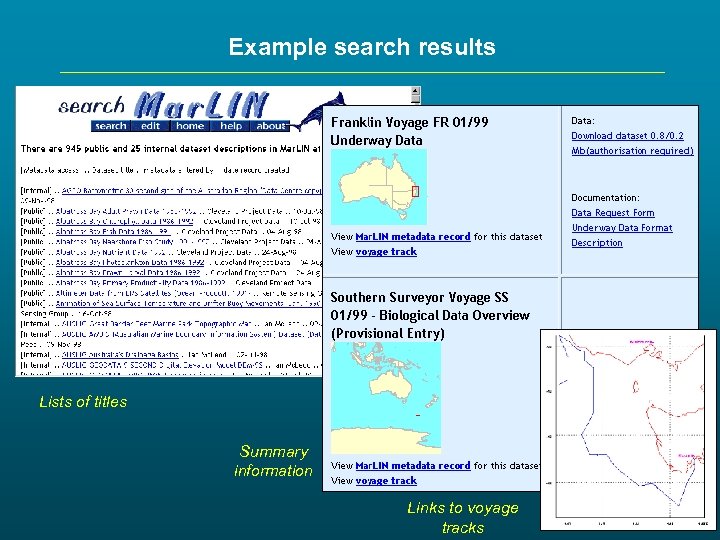 Example search results Lists of titles Summary information Links to voyage tracks 