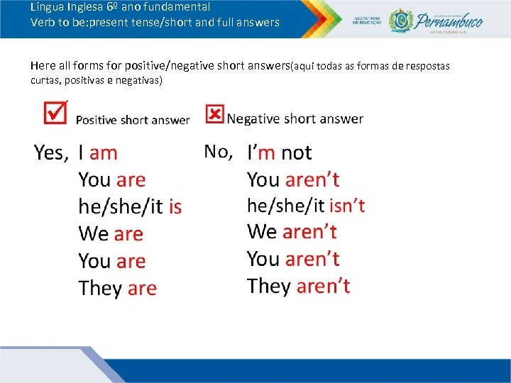 Língua Inglesa 6º ano fundamental Verb to be: present tense/short and full answers Here