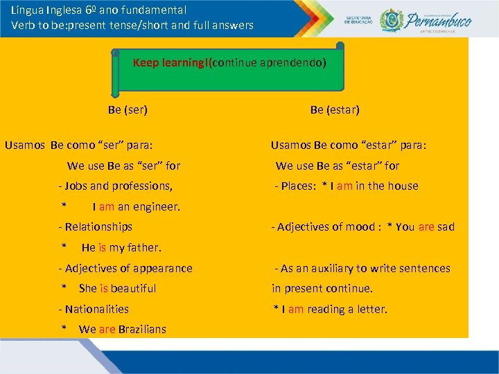Língua Inglesa 6º ano fundamental Verb to be: present tense/short and full answers Keep