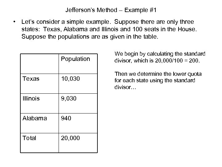 Jefferson’s Method – Example #1 • Let’s consider a simple example. Suppose there are