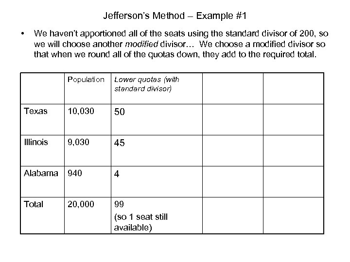 Jefferson’s Method – Example #1 • We haven’t apportioned all of the seats using