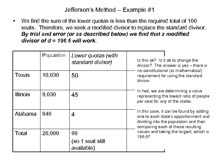 Jefferson’s Method – Example #1 • We find the sum of the lower quotas