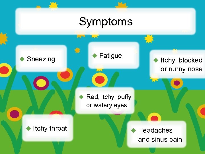 Symptoms u Sneezing u Fatigue u Itchy, blocked or runny nose u Red, itchy,