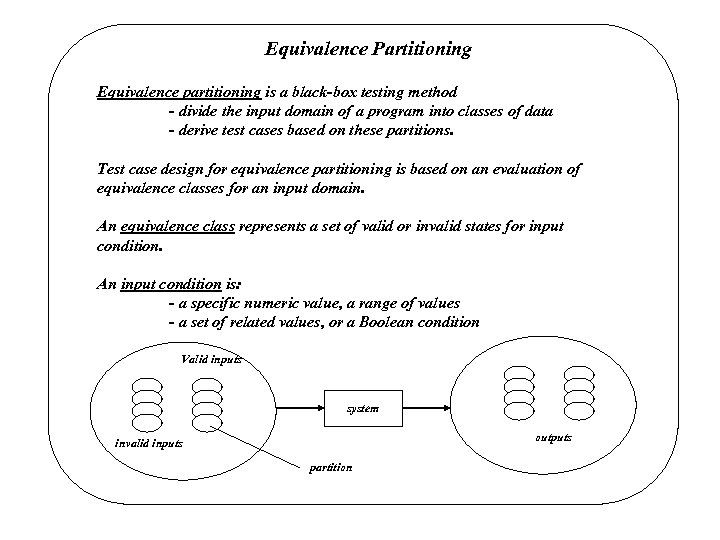 Equivalence Partitioning Equivalence partitioning is a black-box testing method - divide the input domain