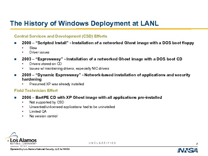 The History of Windows Deployment at LANL Central Services and Development (CSD) Efforts n