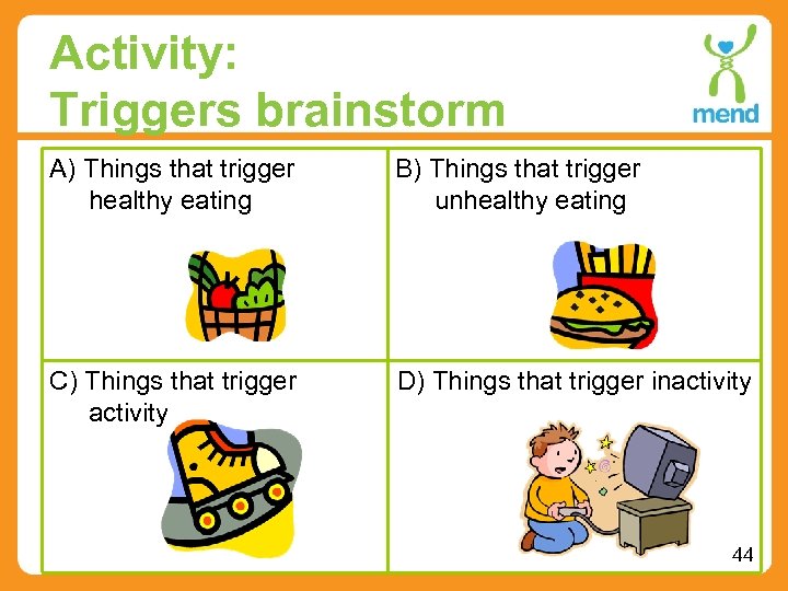 Activity: Triggers brainstorm A) Things that trigger healthy eating B) Things that trigger unhealthy