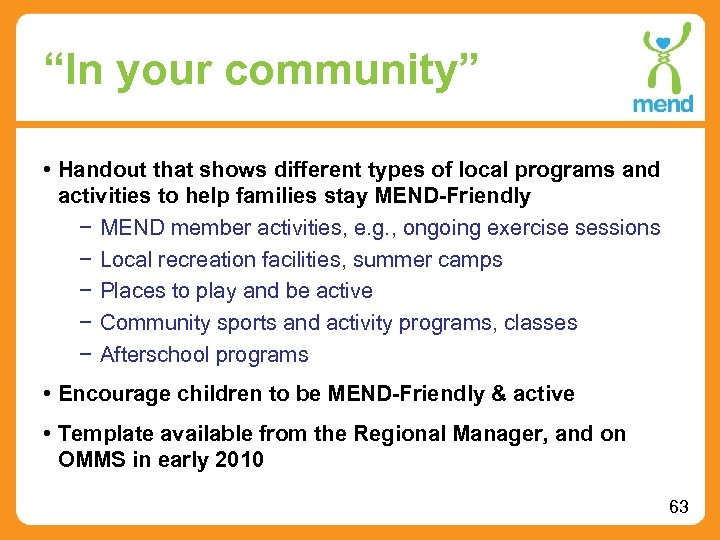 “In your community” • Handout that shows different types of local programs and activities
