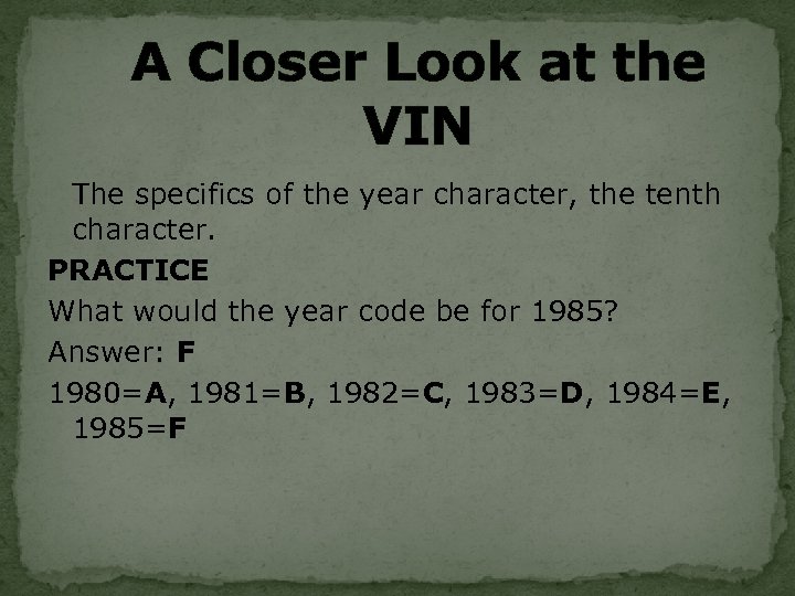 A Closer Look at the VIN The specifics of the year character, the tenth