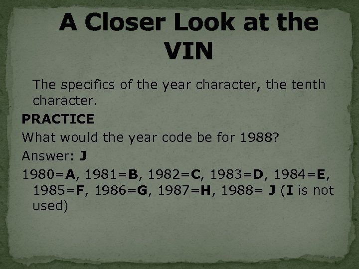 A Closer Look at the VIN The specifics of the year character, the tenth