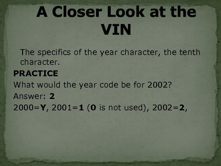 A Closer Look at the VIN The specifics of the year character, the tenth