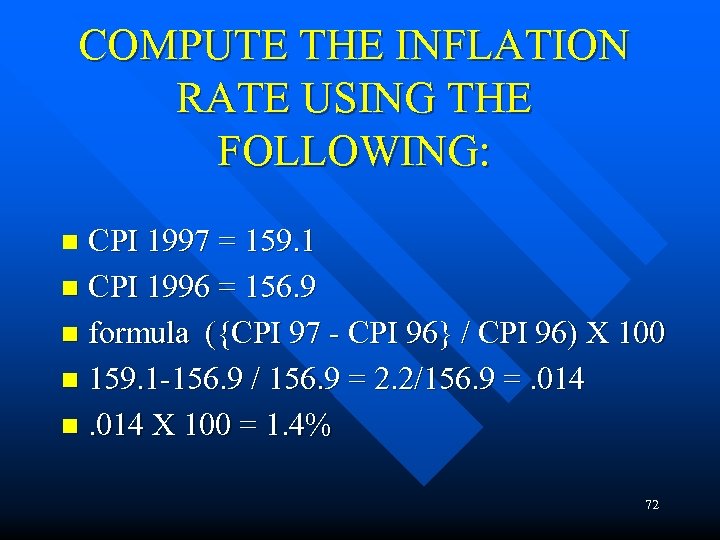 COMPUTE THE INFLATION RATE USING THE FOLLOWING: CPI 1997 = 159. 1 n CPI