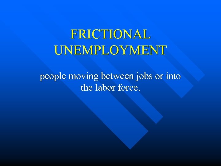 FRICTIONAL UNEMPLOYMENT people moving between jobs or into the labor force. 