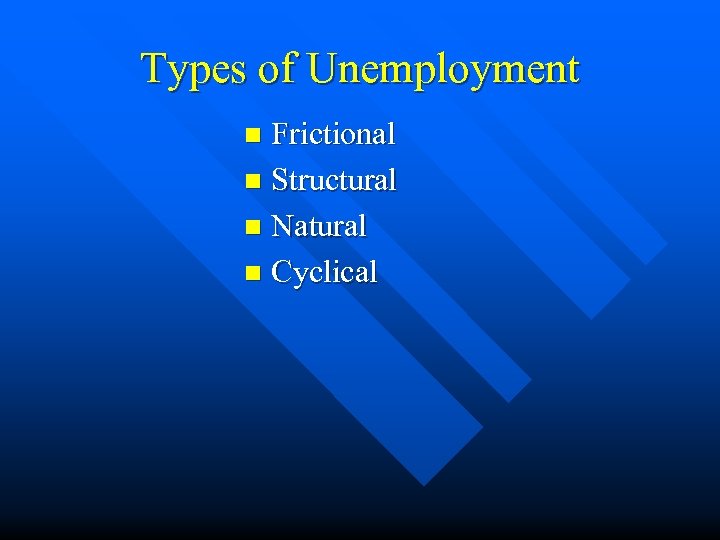 Types of Unemployment Frictional n Structural n Natural n Cyclical n 