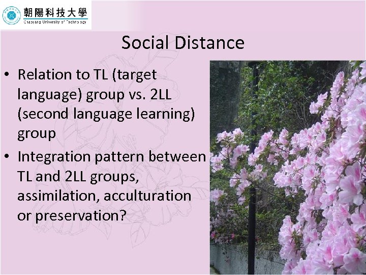 Social Distance • Relation to TL (target language) group vs. 2 LL (second language