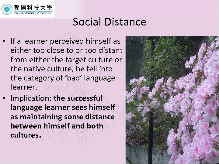 Social Distance • If a learner perceived himself as either too close to or