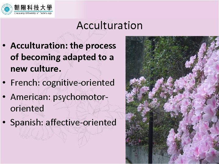 Acculturation • Acculturation: the process of becoming adapted to a new culture. • French: