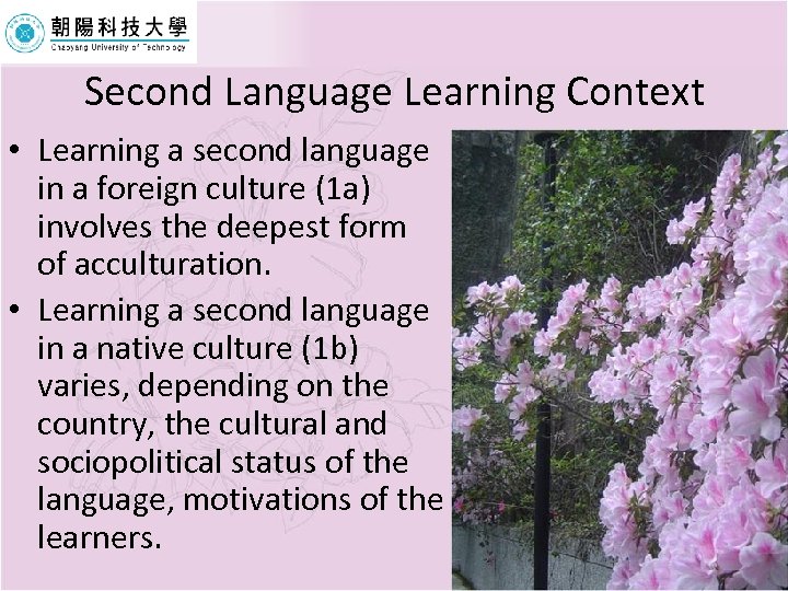 Second Language Learning Context • Learning a second language in a foreign culture (1