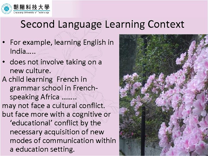 Second Language Learning Context • For example, learning English in India…. . • does