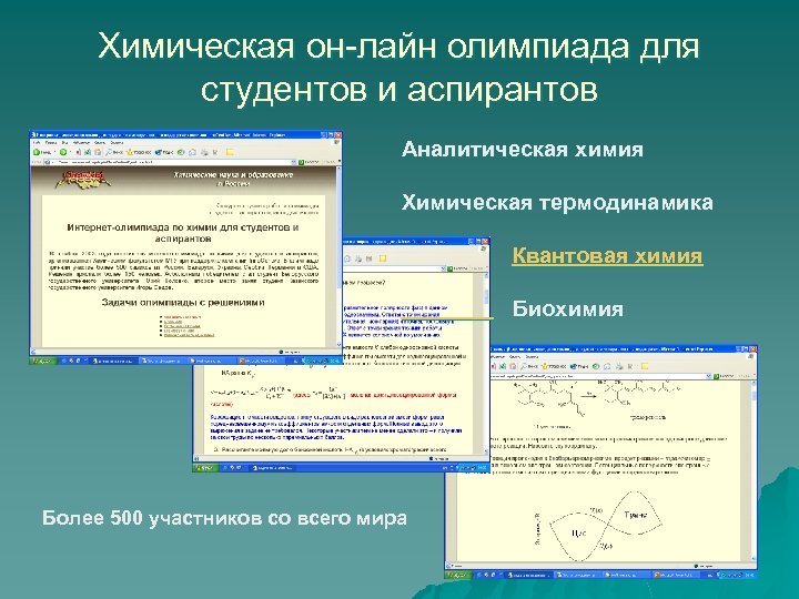 Химическая он-лайн олимпиада для студентов и аспирантов Аналитическая химия Химическая термодинамика Квантовая химия Биохимия