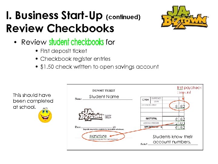 I. Business Start-Up (continued) Review Checkbooks • Review for • First deposit ticket •