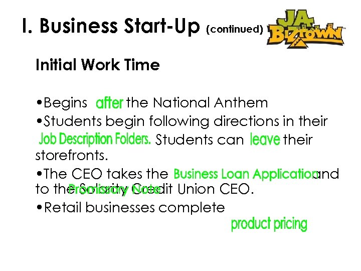 I. Business Start-Up (continued) Initial Work Time • Begins the National Anthem • Students