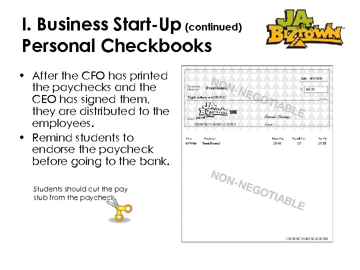I. Business Start-Up (continued) Personal Checkbooks • After the CFO has printed the paychecks