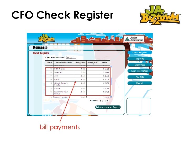 CFO Check Register bill payments 