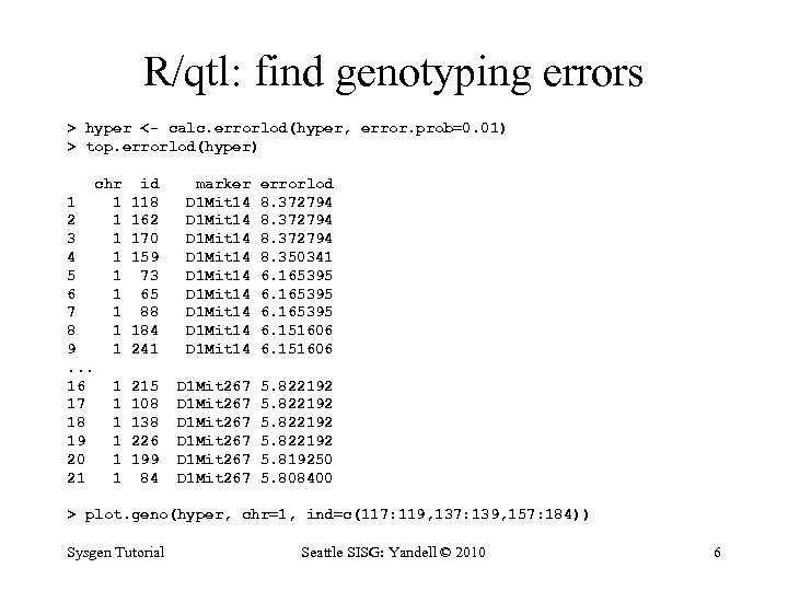 R/qtl: find genotyping errors > hyper <- calc. errorlod(hyper, error. prob=0. 01) > top.