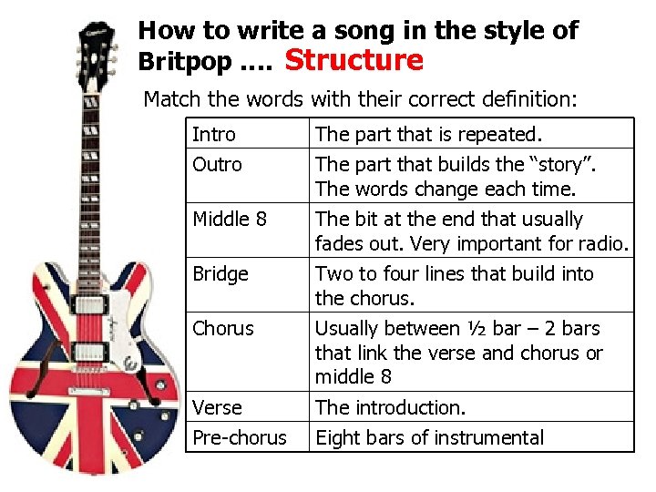 How to write a song in the style of Britpop …. Structure Match the