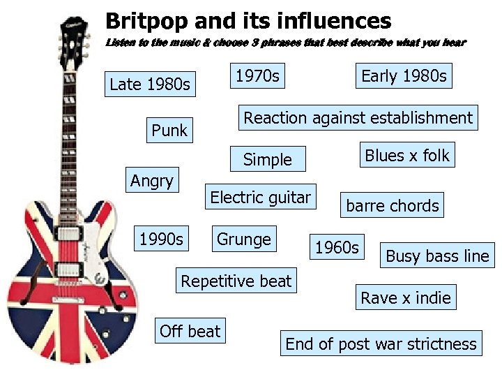 Britpop and its influences Listen to the music & choose 3 phrases that best