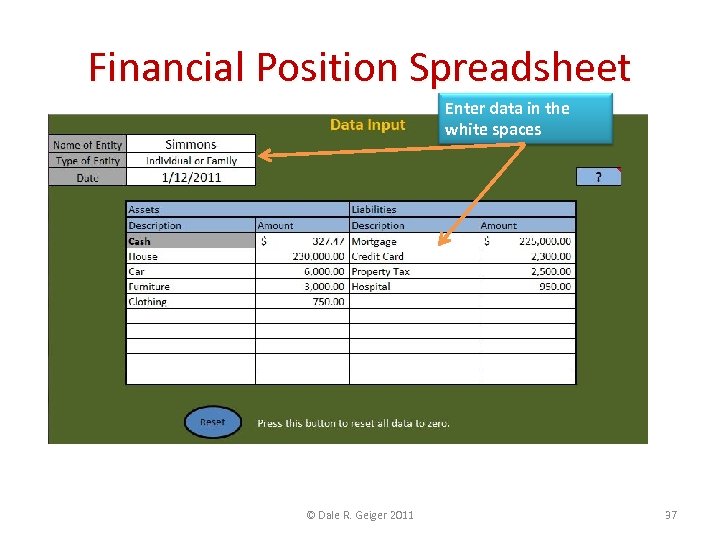 Financial Position Spreadsheet Enter data in the white spaces © Dale R. Geiger 2011