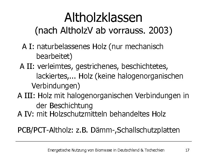 Altholzklassen (nach Altholz. V ab vorrauss. 2003) A I: naturbelassenes Holz (nur mechanisch bearbeitet)