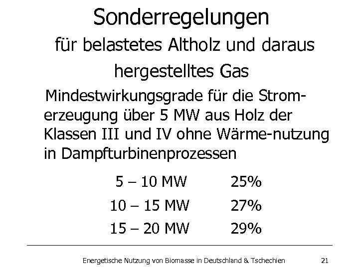 Sonderregelungen für belastetes Altholz und daraus hergestelltes Gas Mindestwirkungsgrade für die Stromerzeugung über 5