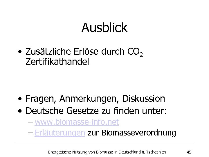 Ausblick • Zusätzliche Erlöse durch CO 2 Zertifikathandel • Fragen, Anmerkungen, Diskussion • Deutsche